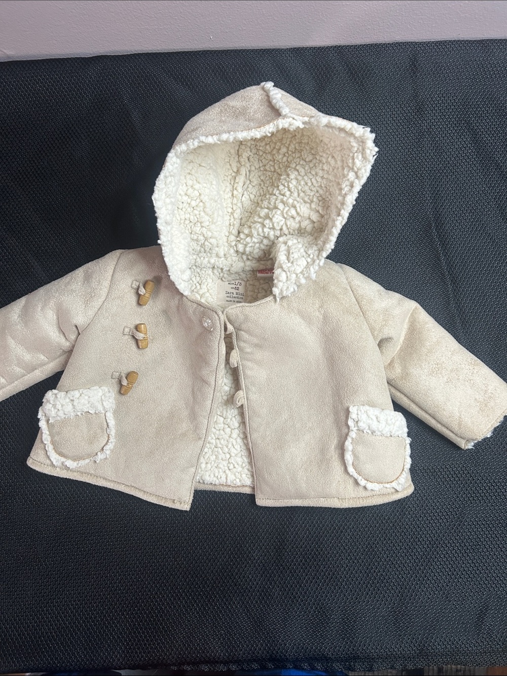 Zara Cream Hooded Faux-Suede Pea Coat with Sherpa Lining